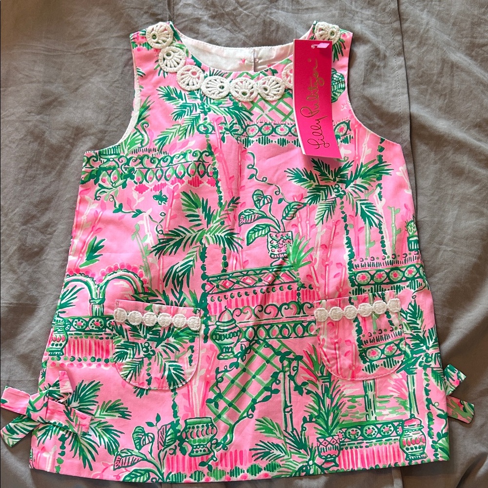 NWT Lilly Pulitzer Pink & Green Tropical Shift Dress with Lace Trim